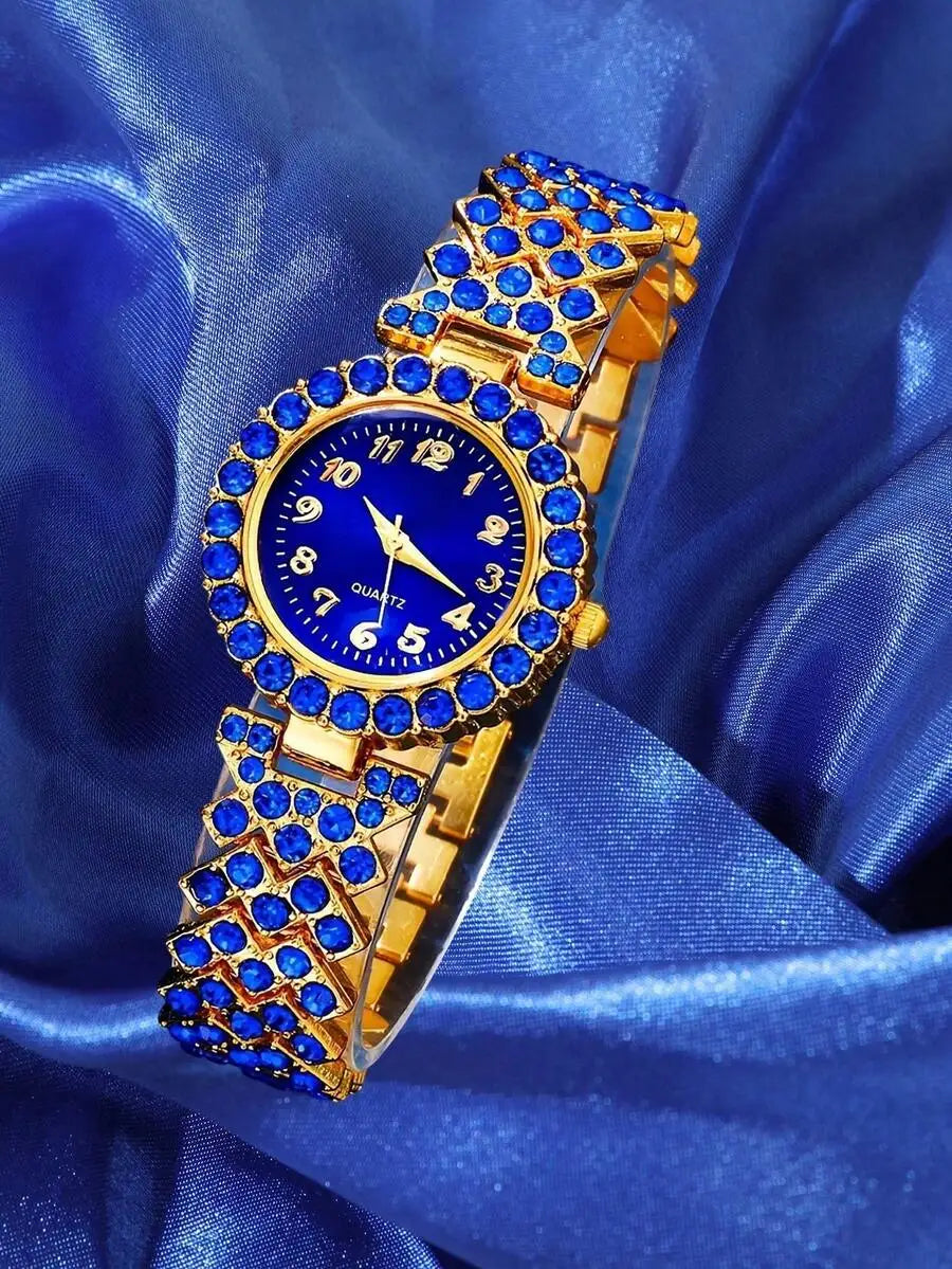 Luxury Blue Crystal Inlaid Alloy Womens Quartz Wristwatch With Bracelet Band