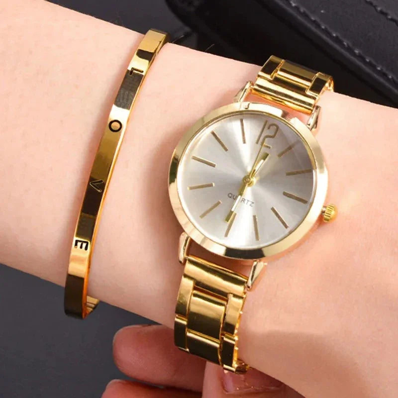 2PCS Women's Watch Fashion Gold Steel Band Quartz Wristwatch Opening Cuff Bracelet Set