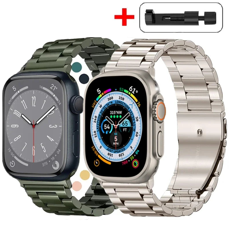 Stainless Steel Three-Bead Watch Strap for Apple Watch 44 45mm 38 40 4149 42mm Band Metal Wristband for iWatch 9 8 SE 7 6 5 4 3