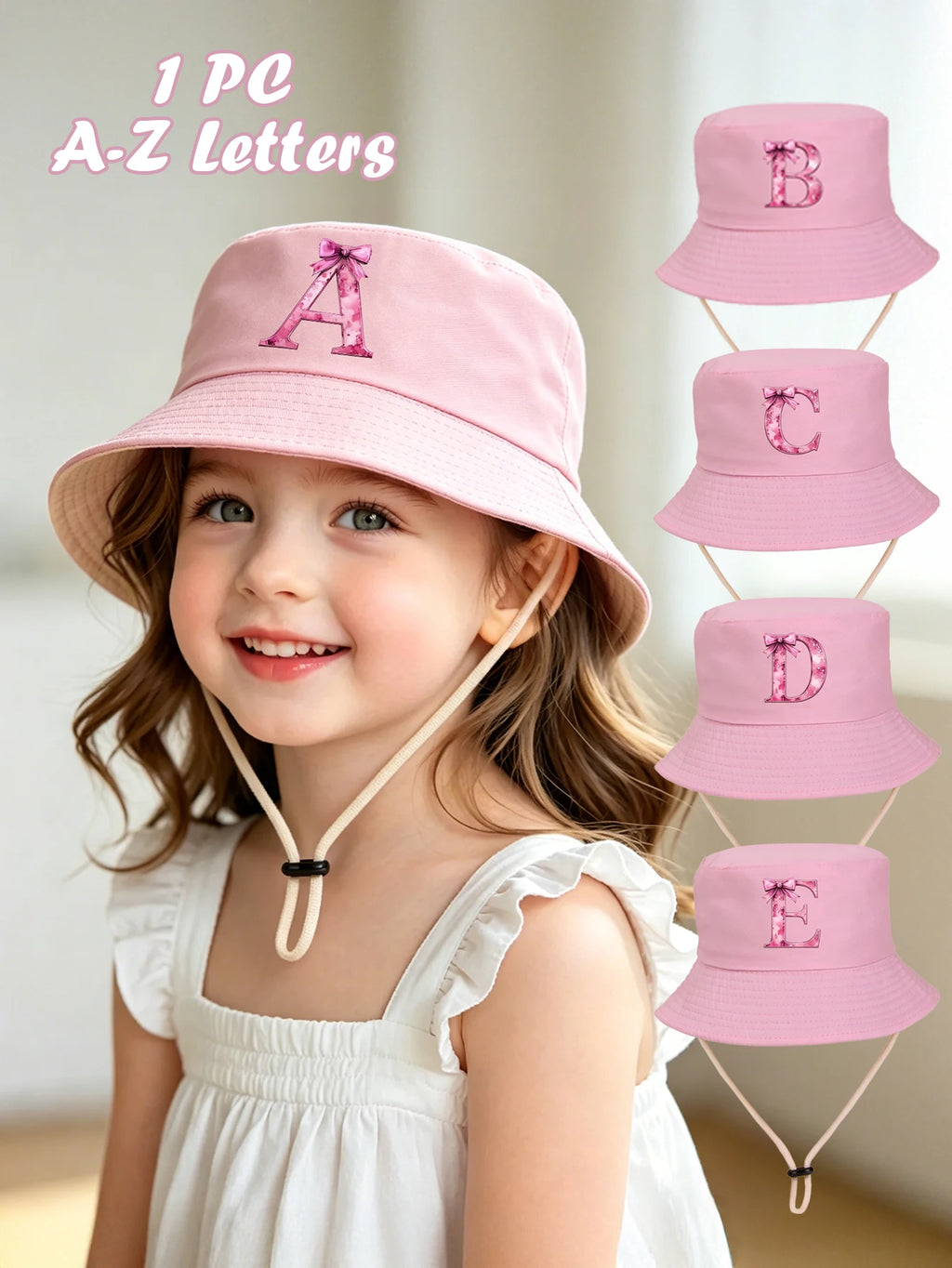 1pc pink baby girl bucket hat cap 3-8 years old Spring A-Z letter And  Summer Cap Features a ButterflyKnot Design with Fuchsia L