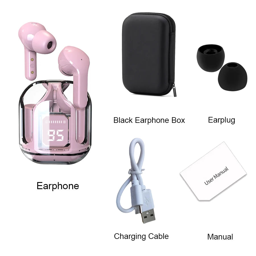 New Bluetooth 5.3 Wireless Headset Transparent Headphones LED Power Digital Display Stereo Sound Earphones for Sports Working