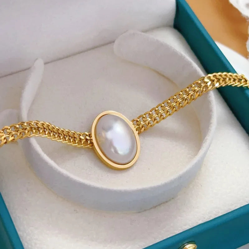 Retro Exquisite Gold Color Stainless Steel Oval Imitation Pearl Pendant Necklace for Women Collarbone Chain Jewelry Accessories