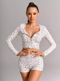 American-Style New Floral Print Women's Pyjama Set Featuring a Low-Cut Fitted Long-Sleeved Top and Shorts for Loungewear