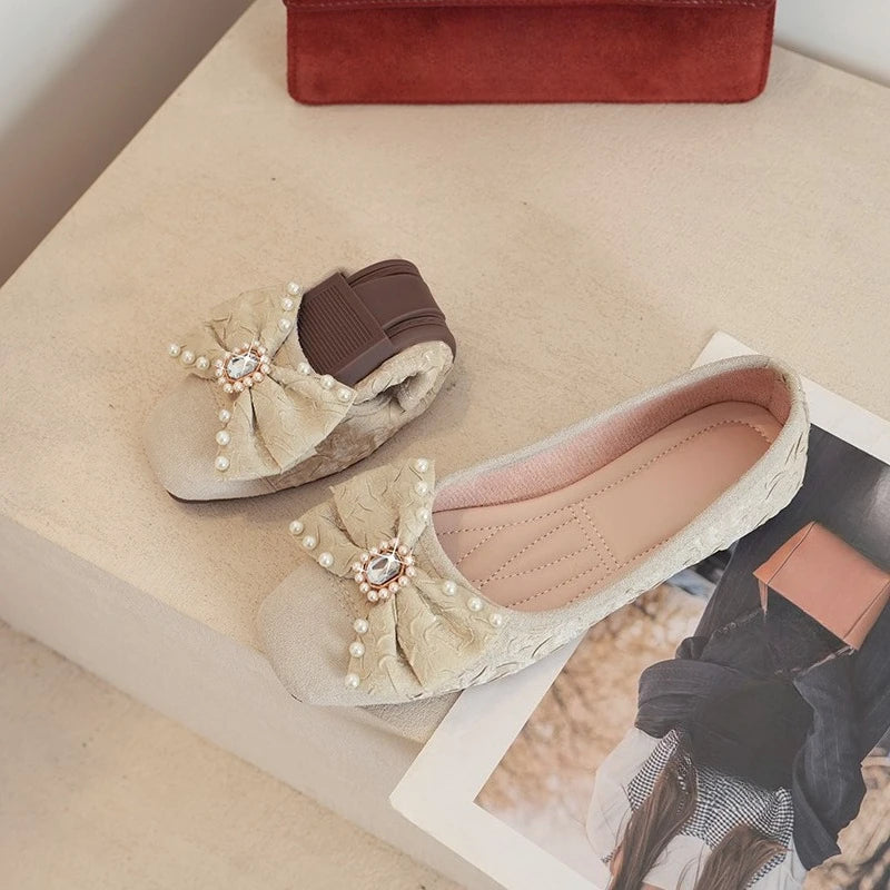 Diamond-encrusted bow versatile flat shoes 2026 new square toe soft sole slip-on single shoes