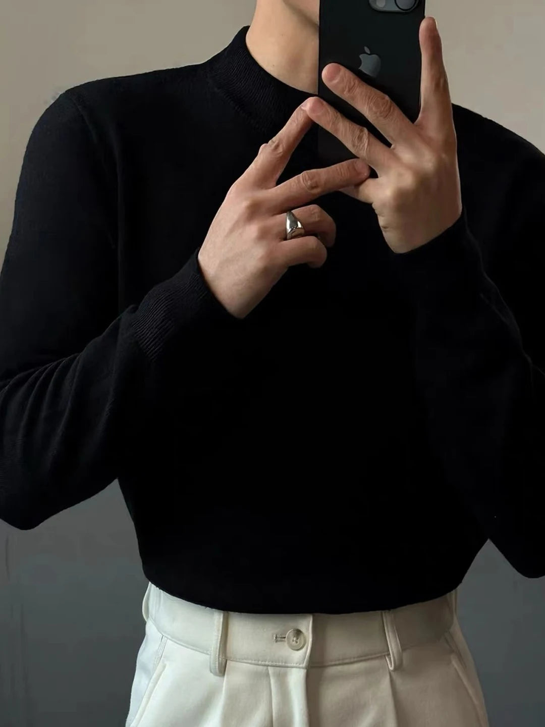Men's High Collar Fleece Lined Sweater Black Warm Underwear Knitted Shirt Cleanfit Maturity Style Base Shirt Citywalk Casual ...