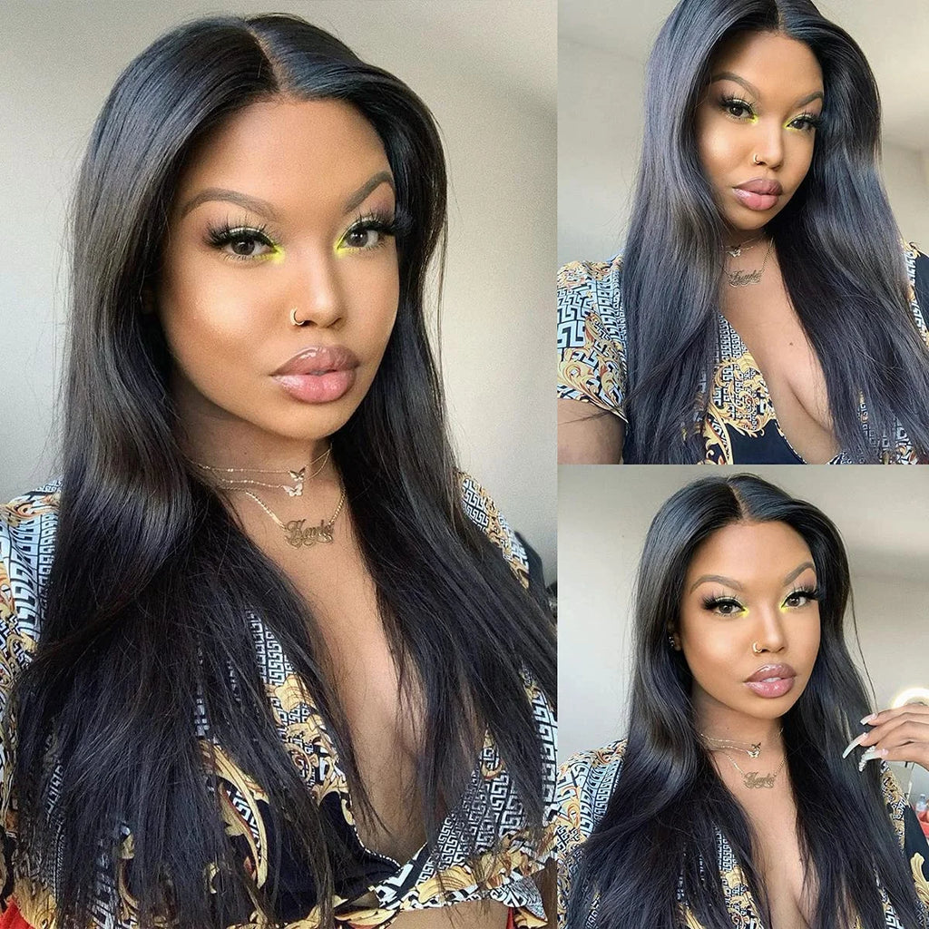 7x6 Straight Big Lace Front Wigs Human Hair No Glue HD Lace Front Closure Ready to Wear Wigs 220% Density Glueless Natural Black
