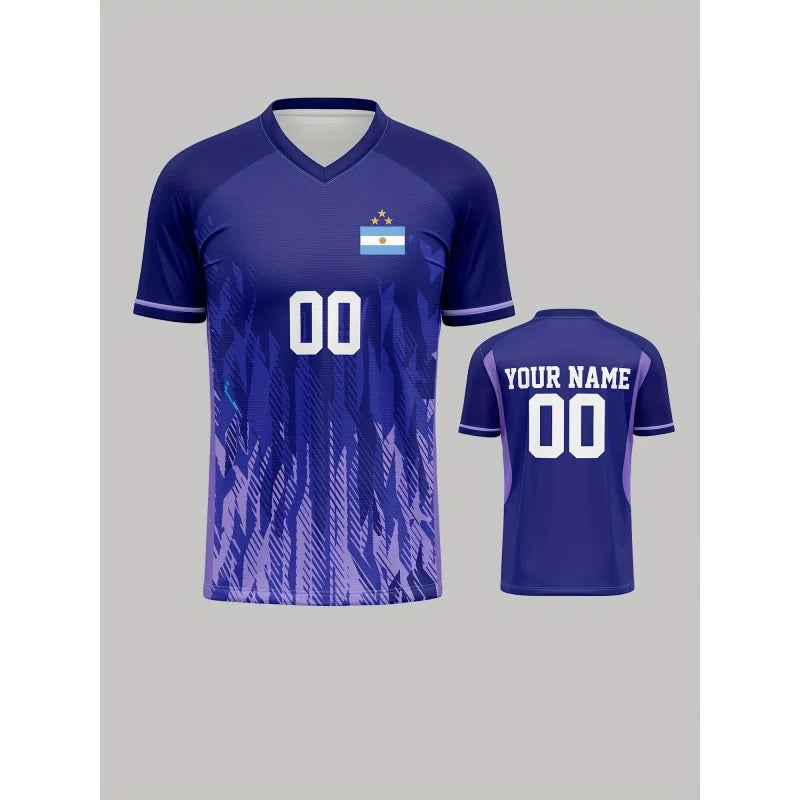 Argentina Jerseys Pattern T-Shirt For Men Football Customized 3D Print Short Sleeve Tops Summer Loose V-Neck T Shirts Sport Tees