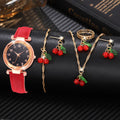 5/6 PCS/Set Red Women's Watch With Minimalist Elements Dial Quartz Watch Latex Strap Cherry Elements Jewelry Set Girl's Gift