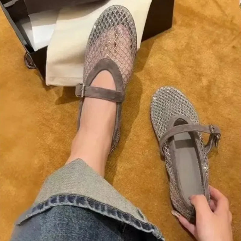 Hollow Rhinestone Baotou Sandals Women 2026 New Fishing Net Breathable Woven Mary Jane Single Shoes