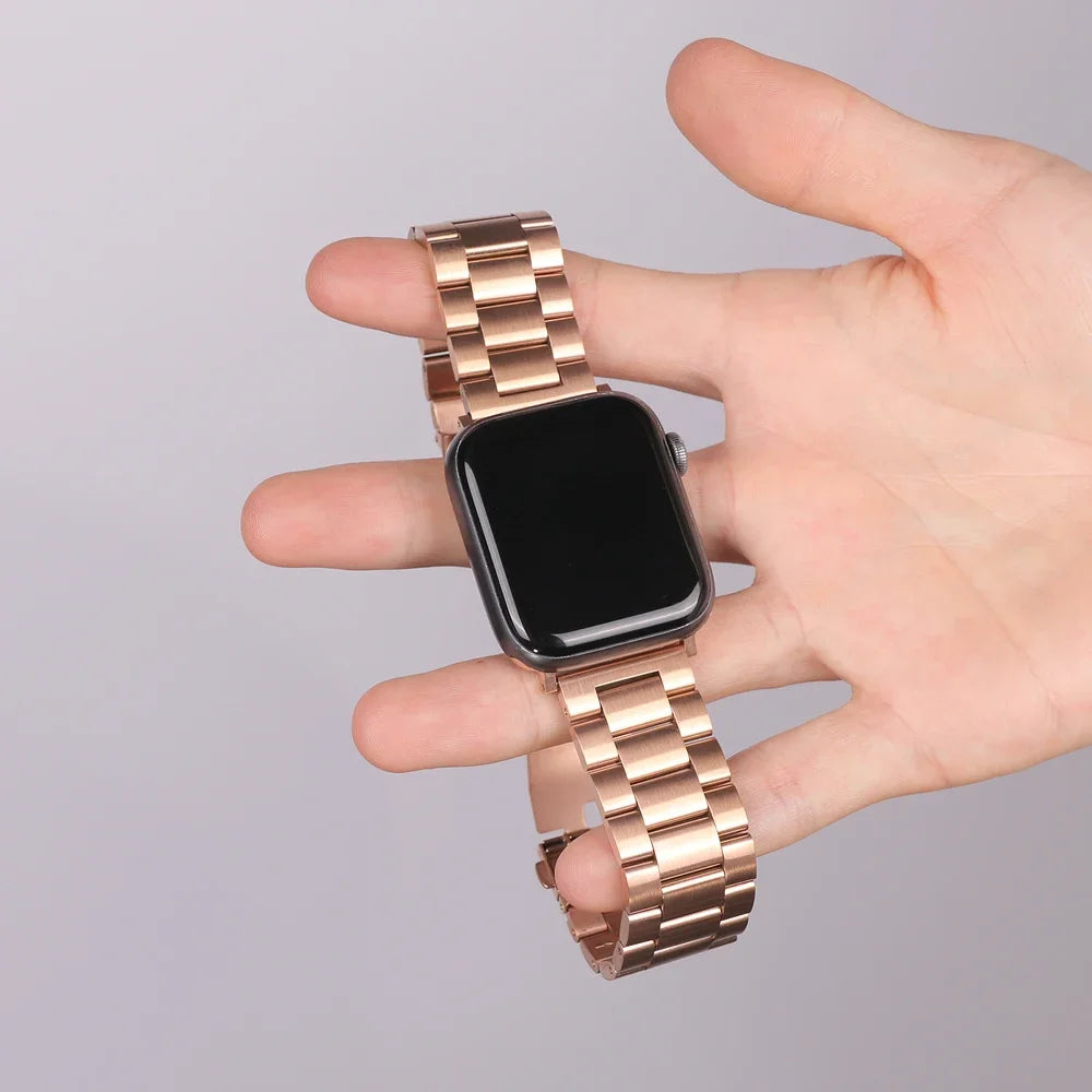 Stainless Steel Three-Bead Watch Strap for Apple Watch 44 45mm 38 40 4149 42mm Band Metal Wristband for iWatch 9 8 SE 7 6 5 4 3