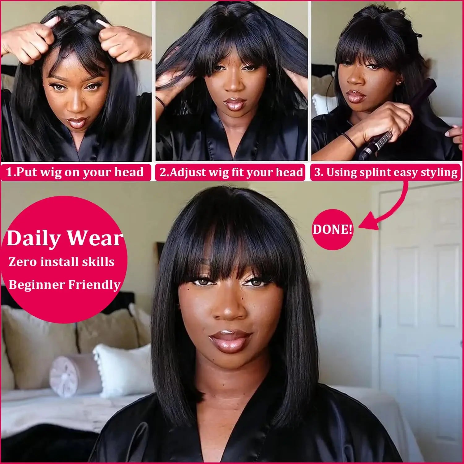 Glueless Straight Bob Human Hair Wigs With Bangs for Women Daily Use 8-10 Inch Non Lace Machine Made Straight Bob Wig On Sale