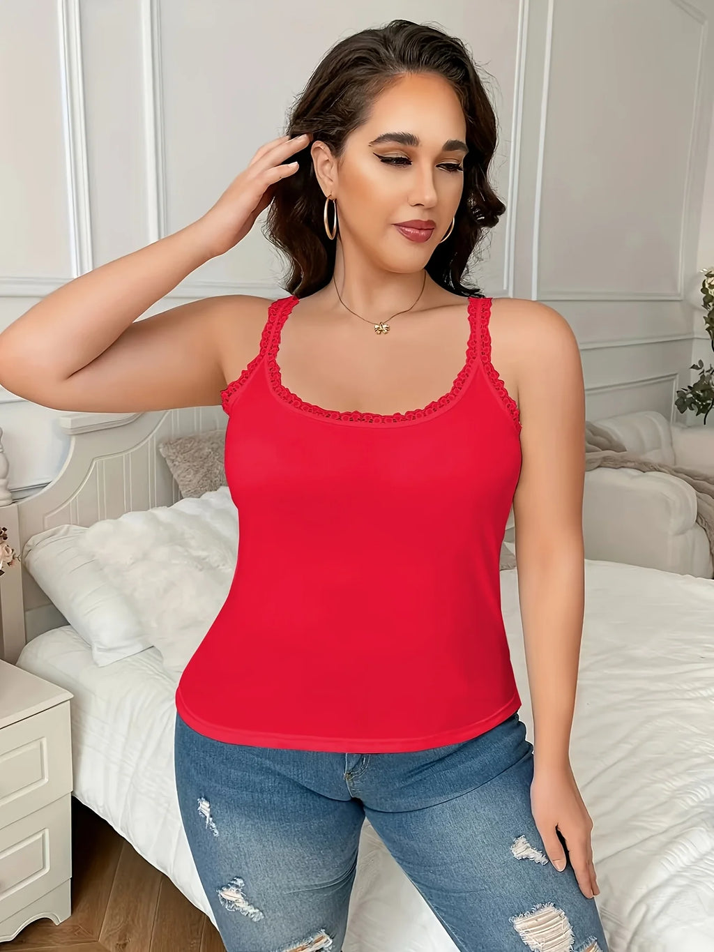 6 Pieces Plus Size Lace Camisole for Women, Slim Fit Thin Sexy Lace Tank Tops, Solid Color Inner Wear & Outer Wear Basic Vest