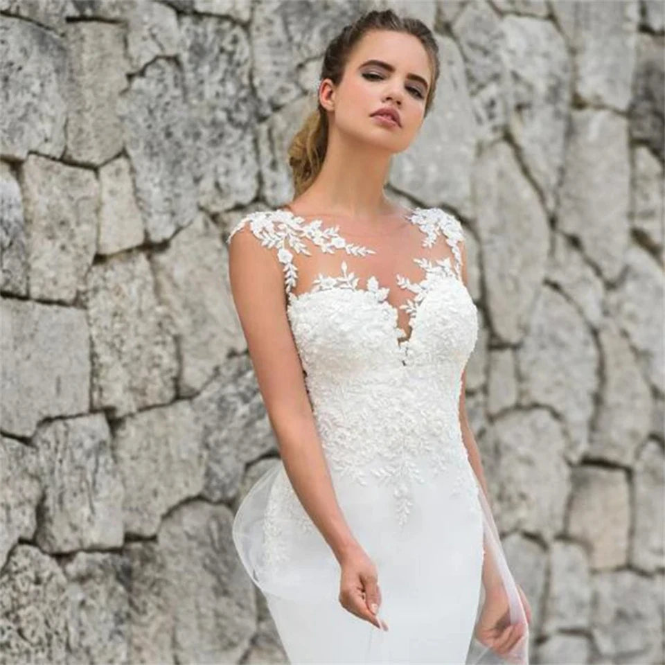 Elegant Lace O-Neck Appliques Backless Tank Illusion Tulle Mermaid Wedding Dresses For Women 2026 Court Train Vestidos De Noiva