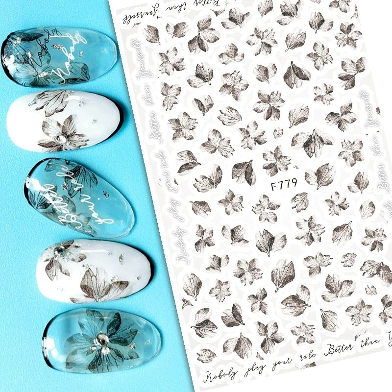 3d Nail Art Decals Grey Dry Florals Watercolor Nuance Flowers Adhesive Sliders Nails Stickers Decorations For Manicures Tips