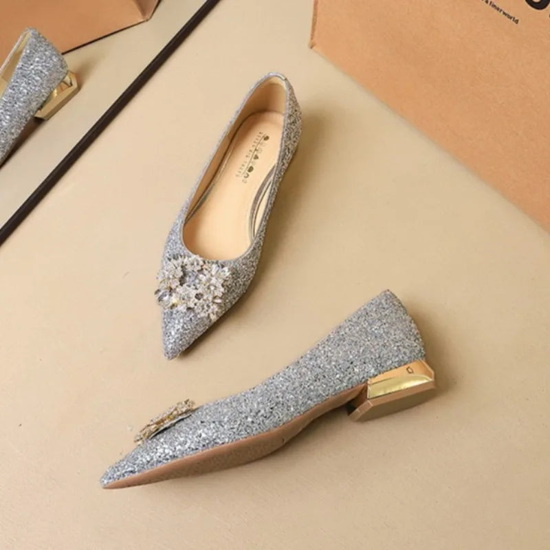 Designer Women Shoes Luxury Sequin Crystal Wedding Bridal Shoes Temperament Metal Buckle Rhinestone Pointe Low Heel Single Shoes