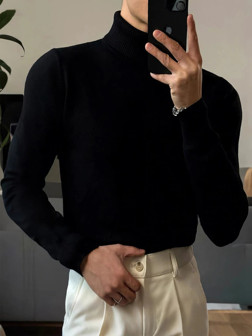 Men's High Collar Fleece Lined Sweater Black Warm Underwear Knitted Shirt Cleanfit Maturity Style Base Shirt Citywalk Casual ...