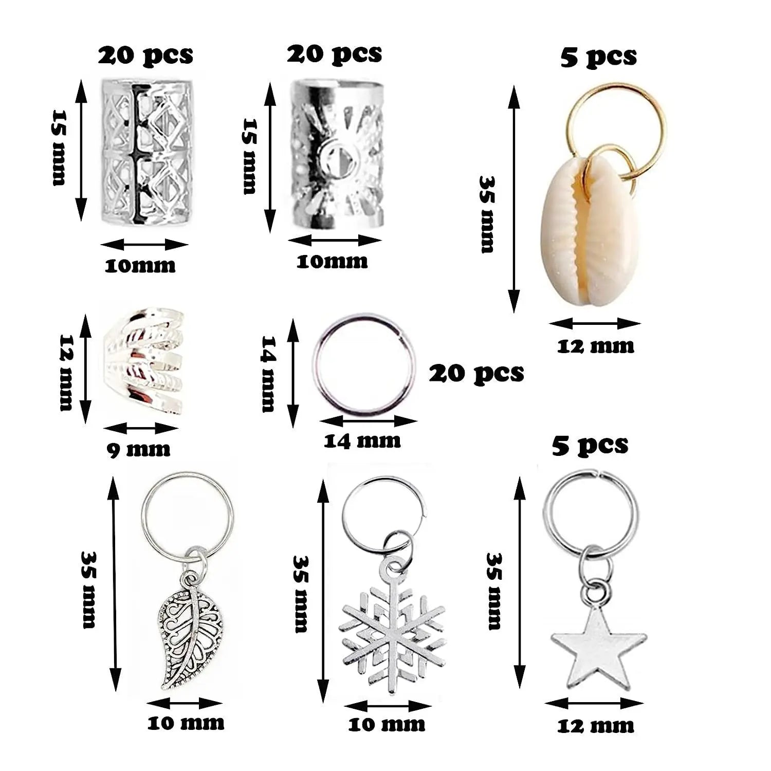 Dreadlock Braid Hair Decor Silver Tone Leaf Snowflake Wood Bead Shell Hollow Connection Ring Kit For Party Wig Styling
