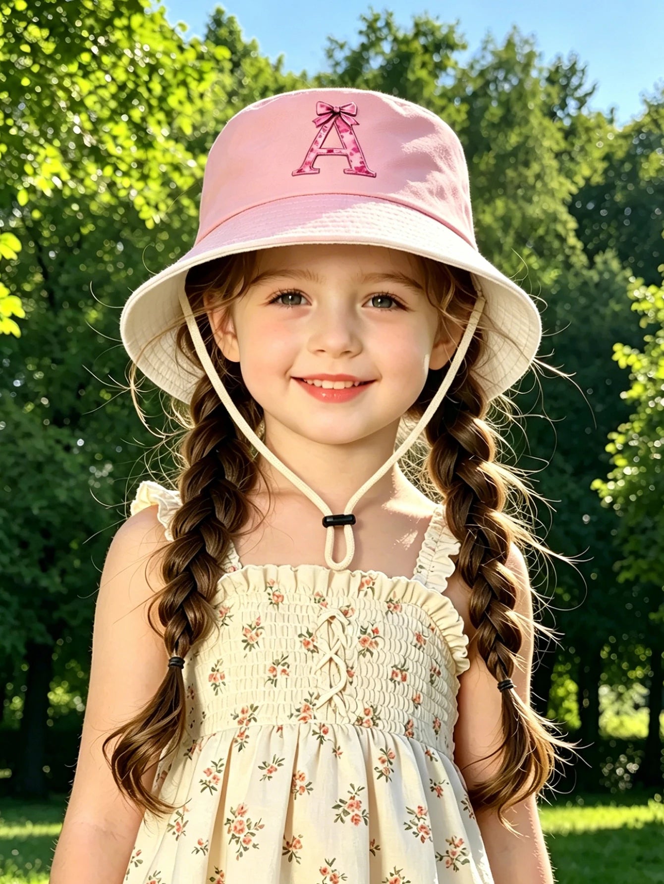 1pc pink baby girl bucket hat cap 3-8 years old Spring A-Z letter And  Summer Cap Features a ButterflyKnot Design with Fuchsia L