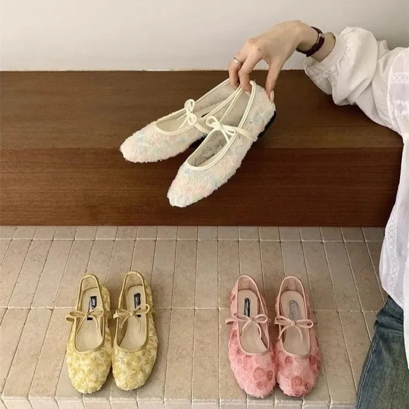 Gentle New Chinese Rose Mesh Mary Jane Shoes 2026 Spring and Summer New Bow Soft Sole Shoes