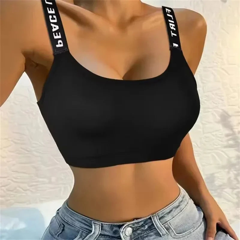 Women's Seamless Sports Crop Top Wide Letter Straps Wireless Back Comfortable Yoga Fitness Workout Activewear