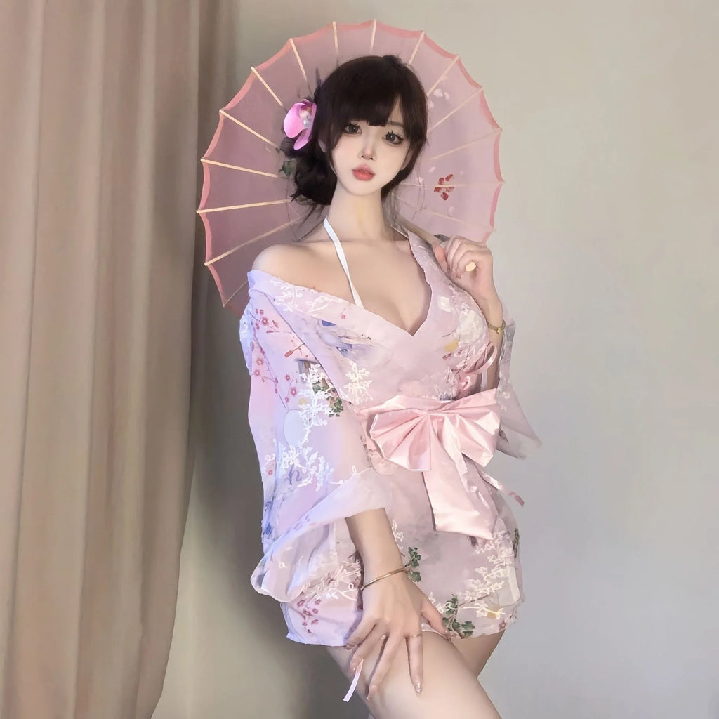 2026 New Tokyo Goddess Girl Sweet Bow Sexy Print Embroidered Kimono Bathrobe Chiffon Nightgown Erotic Lingerie Cosplay Costume