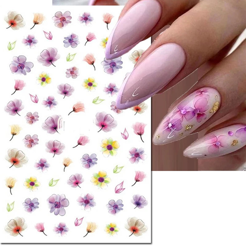 3d Nail Art Decals Grey Dry Florals Watercolor Nuance Flowers Adhesive Sliders Nails Stickers Decorations For Manicures Tips