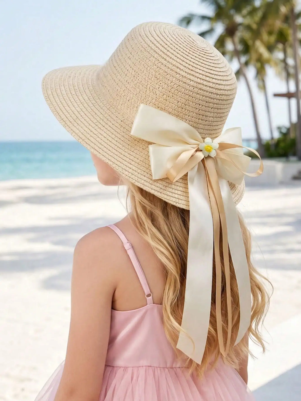 1Pc 3-8Y Girls Coffee Bow Straw Hat Woven Sun Hat Breathable Outdoor Beach Summer Shade Cap for Kids Daily Play Travel