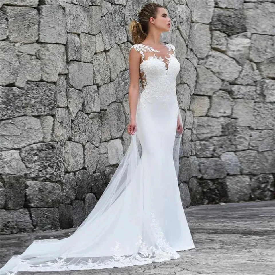 Elegant Lace O-Neck Appliques Backless Tank Illusion Tulle Mermaid Wedding Dresses For Women 2026 Court Train Vestidos De Noiva