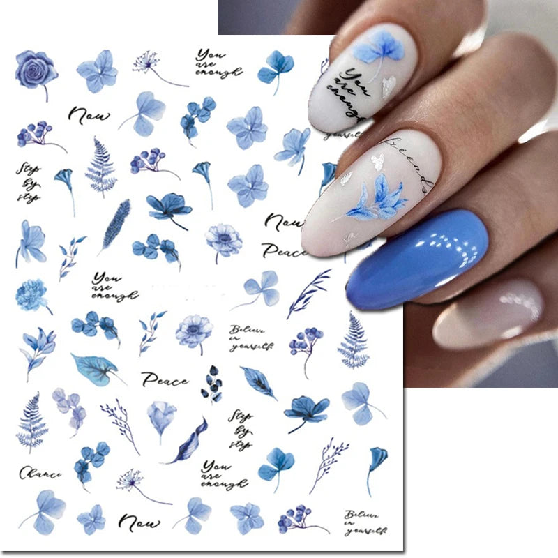 3d Nail Art Decals Grey Dry Florals Watercolor Nuance Flowers Adhesive Sliders Nails Stickers Decorations For Manicures Tips