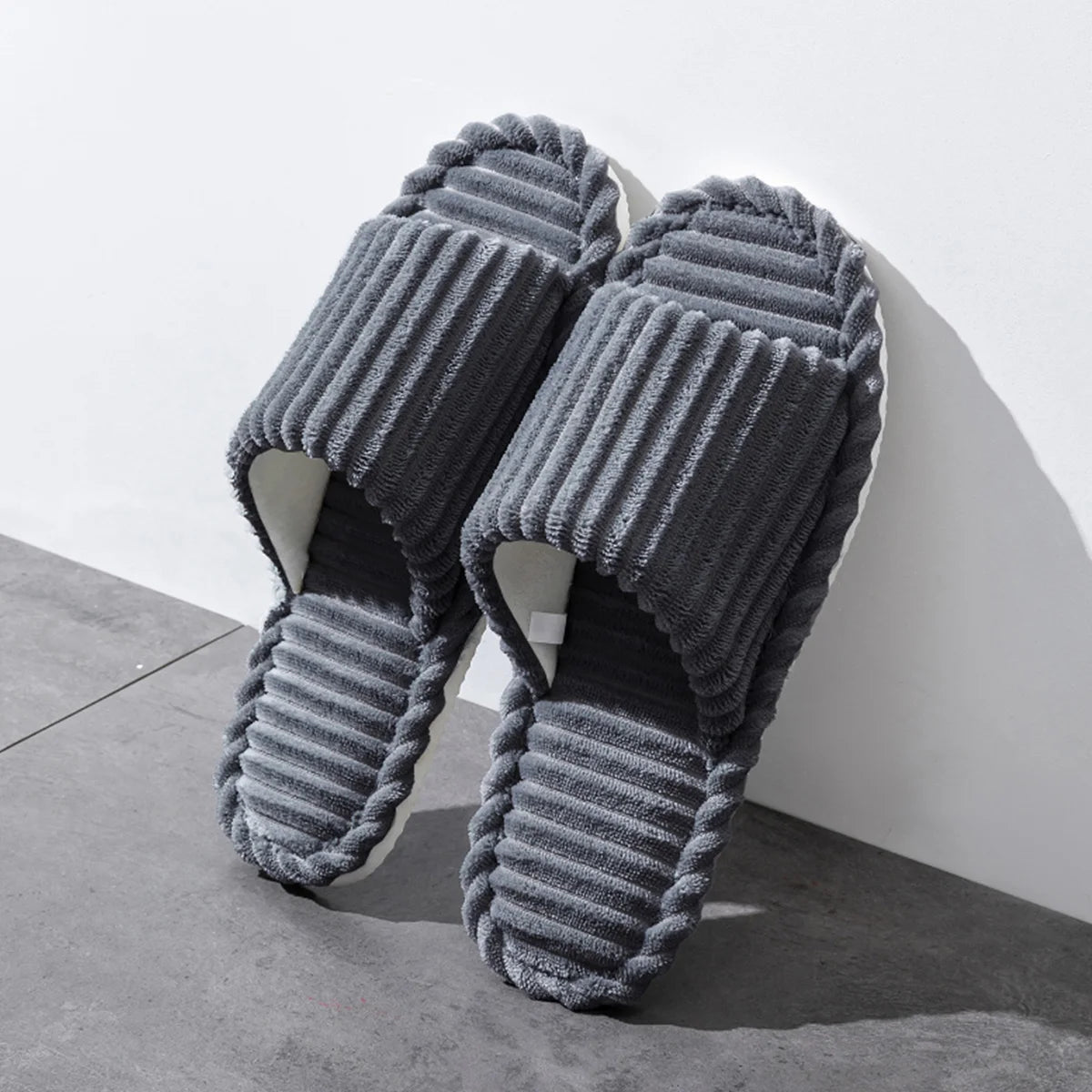 Open-Toe Breathable House Slippers for Women, Non-Slip Indoor Flat Comfort Striped/Solid Bathroom Slides for Hardwood Floors