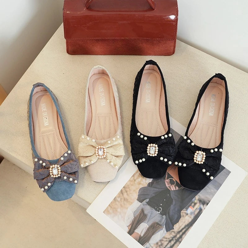Diamond-encrusted bow versatile flat shoes 2026 new square toe soft sole slip-on single shoes