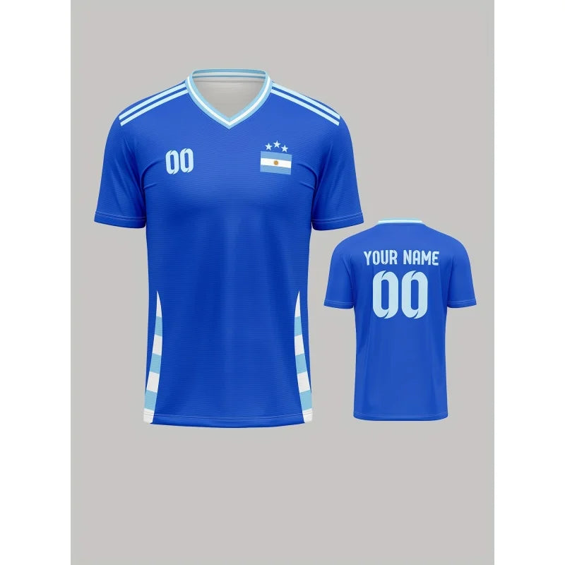 Argentina Jerseys Pattern T-Shirt For Men Football Customized 3D Print Short Sleeve Tops Summer Loose V-Neck T Shirts Sport Tees