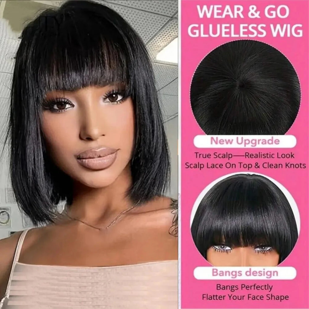 Glueless Straight Bob Human Hair Wigs With Bangs for Women Daily Use 8-10 Inch Non Lace Machine Made Straight Bob Wig On Sale