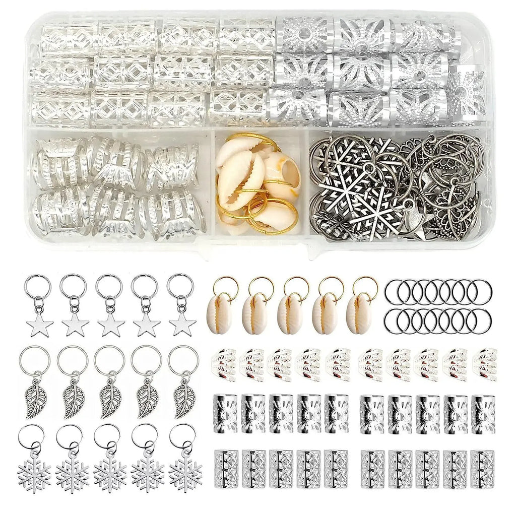 Dreadlock Braid Hair Decor Silver Tone Leaf Snowflake Wood Bead Shell Hollow Connection Ring Kit For Party Wig Styling