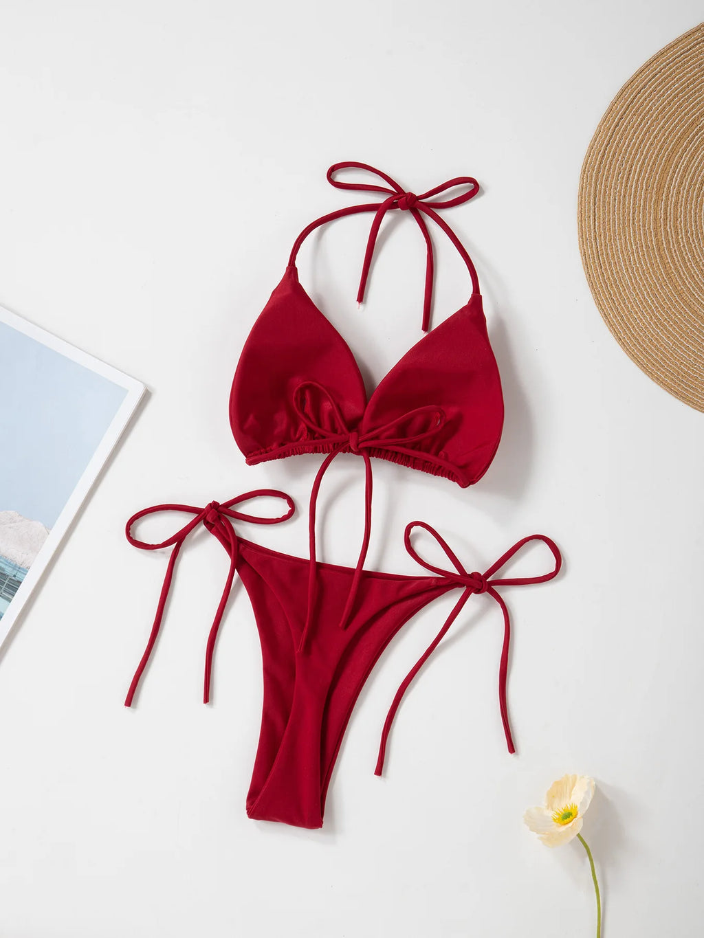 New European and American Pure Color Sexy Tied Rope Spicy Girl Temperament Women's Fashionable Bikini Swimsuit Bright Color
