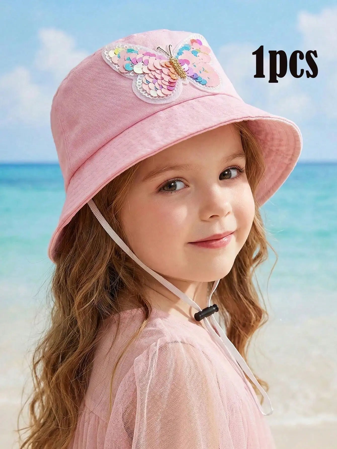 1pcs 3-8Y Girls Sequined Butterfly Fisherman Hat Pink Adjustable Head Circumference Thin Sun Protection Summer Cap
