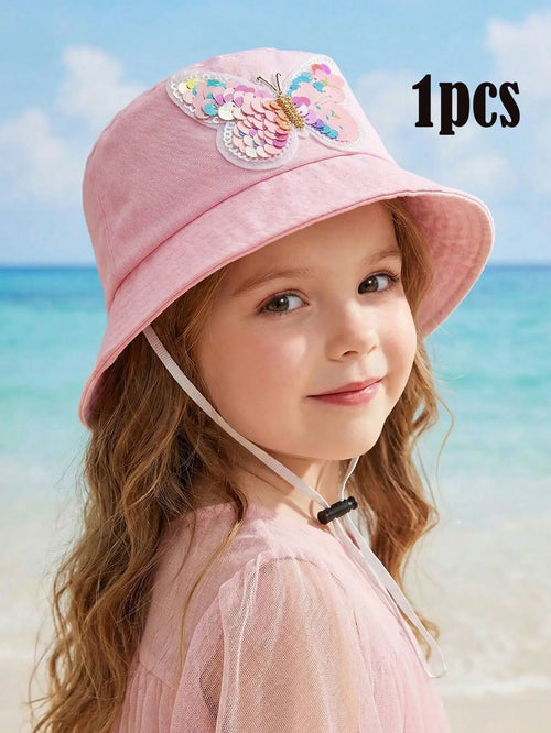 1pcs 3-8Y Girls Sequined Butterfly Fisherman Hat Pink Adjustable Head Circumference Thin Sun Protection Summer Cap