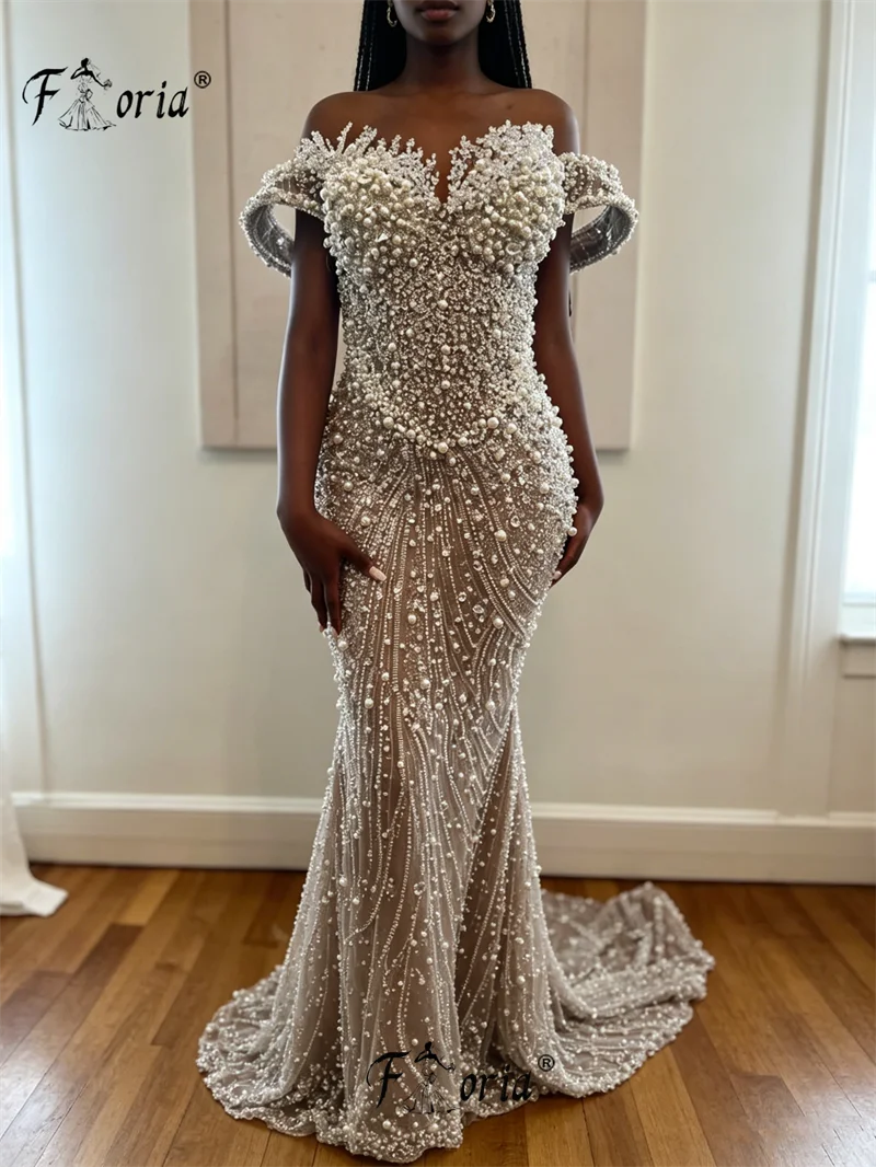 Luxo Pearls Beaded Mermaid Wedding Dress Off The Shoulder Crystal Formal Party Gown Nude Tulle Prom Dresses For Women Customized