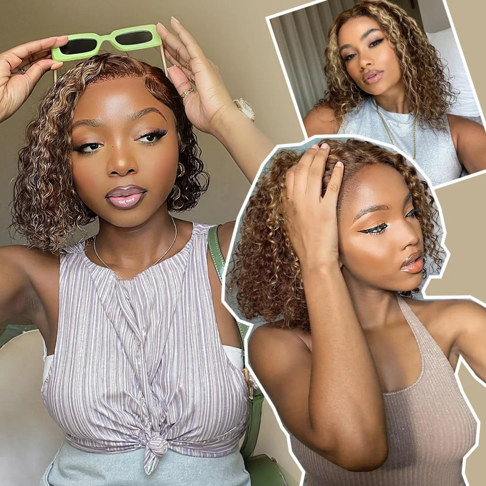 Highlight Honey Blonde Wear And Go Glueless Bob Wig Human Hair Curly Deep Wave Ombre Brown 5X5 Hd Lace Closure Wig 250 Density