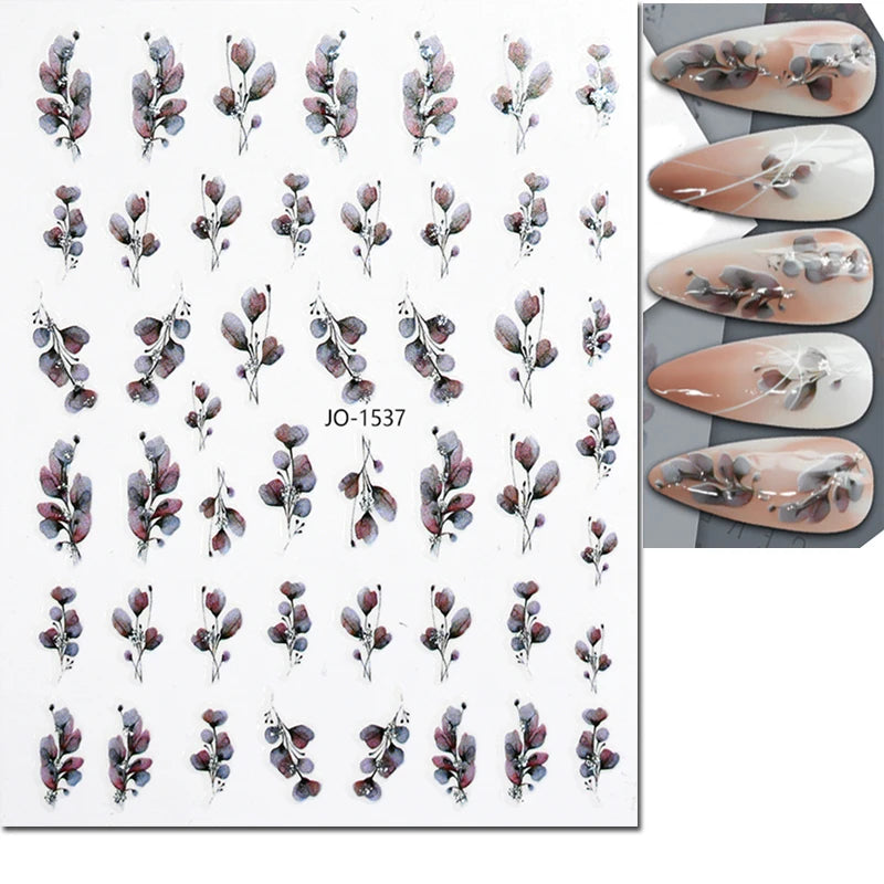 3d Nail Art Decals Grey Dry Florals Watercolor Nuance Flowers Adhesive Sliders Nails Stickers Decorations For Manicures Tips