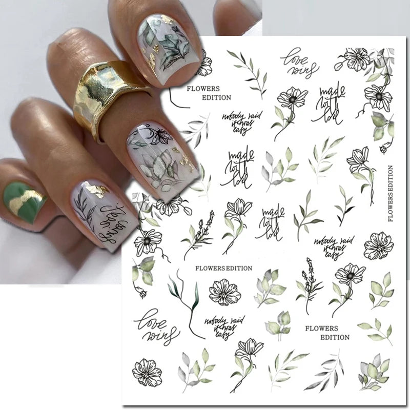3d Nail Art Decals Grey Dry Florals Watercolor Nuance Flowers Adhesive Sliders Nails Stickers Decorations For Manicures Tips