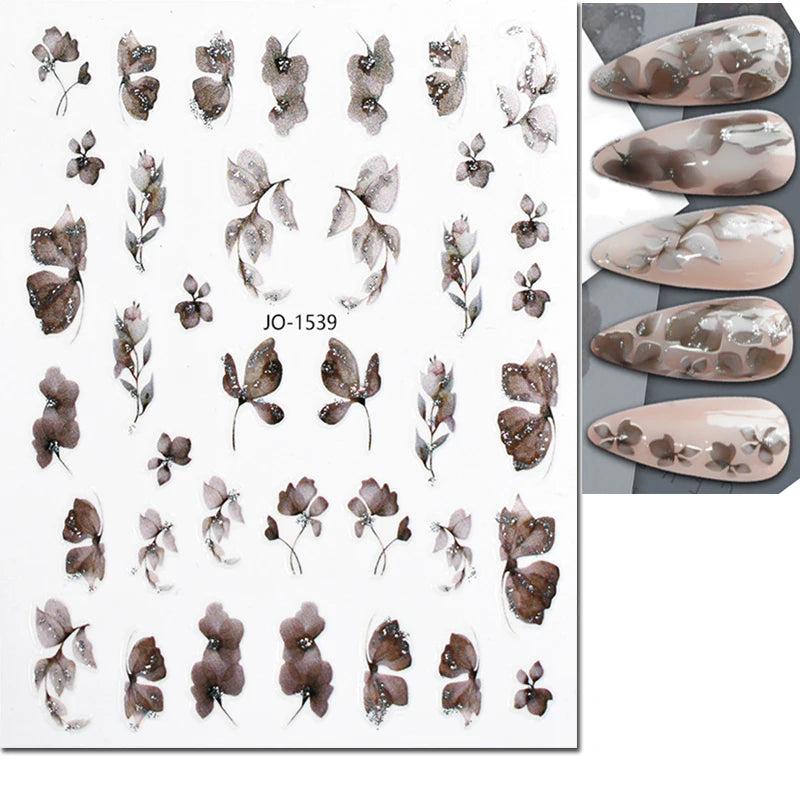 3d Nail Art Decals Grey Dry Florals Watercolor Nuance Flowers Adhesive Sliders Nails Stickers Decorations For Manicures Tips
