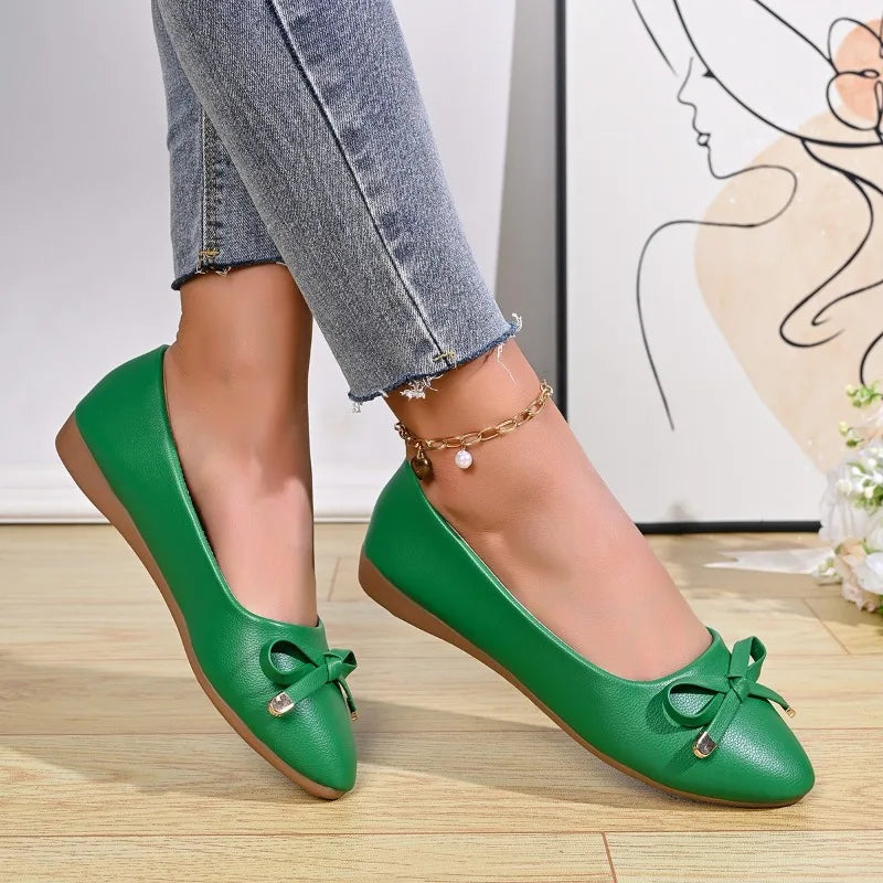 Bow Shallow Mouth Soft Sole Comfortable Leather Shoes Women's New Wedge Single Shoes