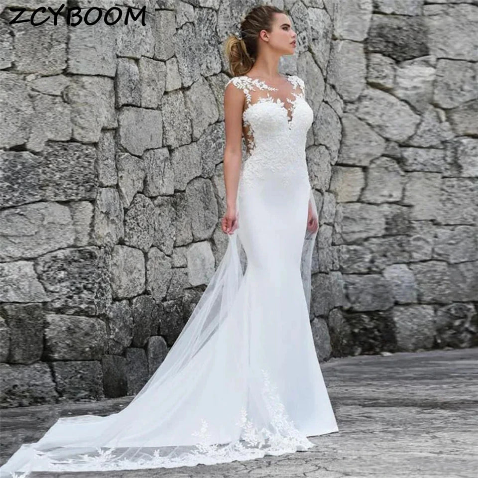 Elegant Lace O-Neck Appliques Backless Tank Illusion Tulle Mermaid Wedding Dresses For Women 2026 Court Train Vestidos De Noiva