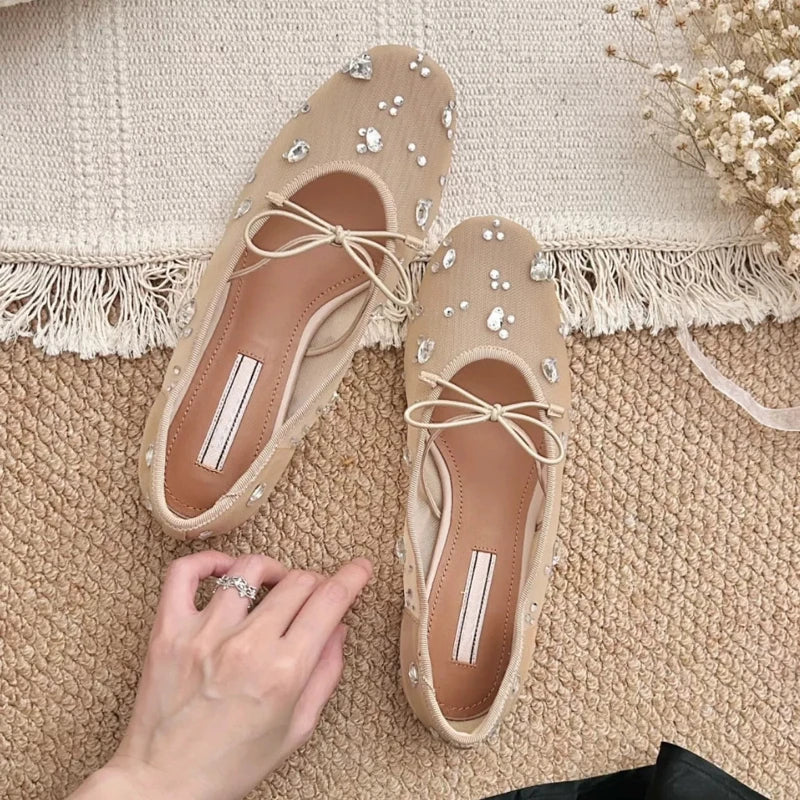 Diamond Luxury Mesh Mules Sandals Women Breathable Beach Mary Jane Shoes Female Comfort Summer New Fashion Ballet Flats Women