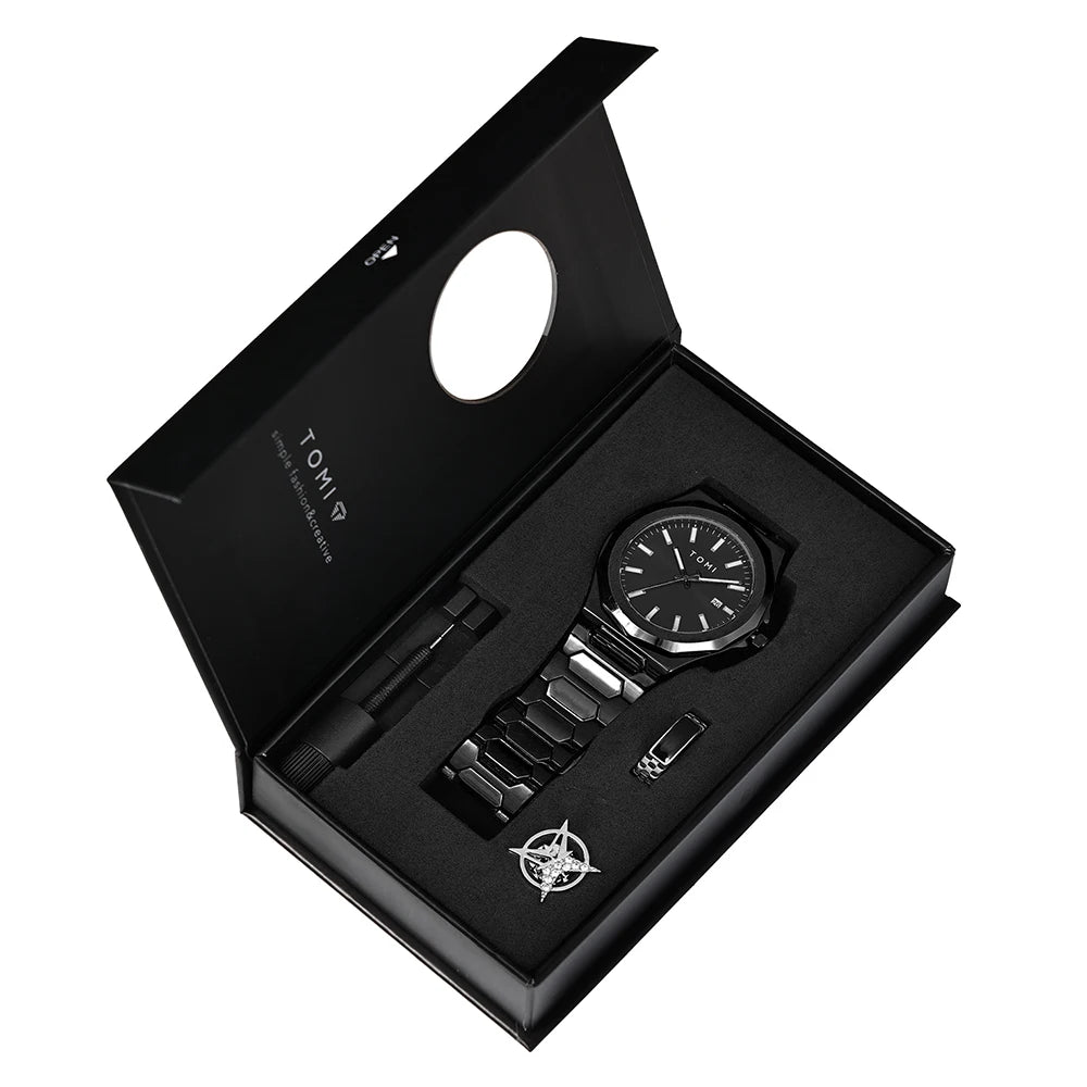TOMI Luxury Business Men's Watch Gift Box Set High Quality Rose Gold Case Simple and Versatile Quartz Watch Relogio Masculino