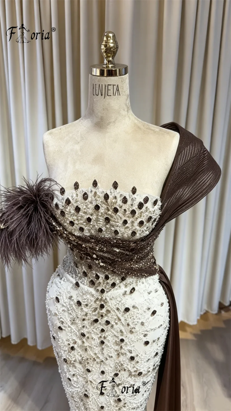 2026 New Elegant White Mermaid Evening Gown Off Shoulder Feather Beaded Brown Sash Formal Party Dress Robe De Mairee Customized