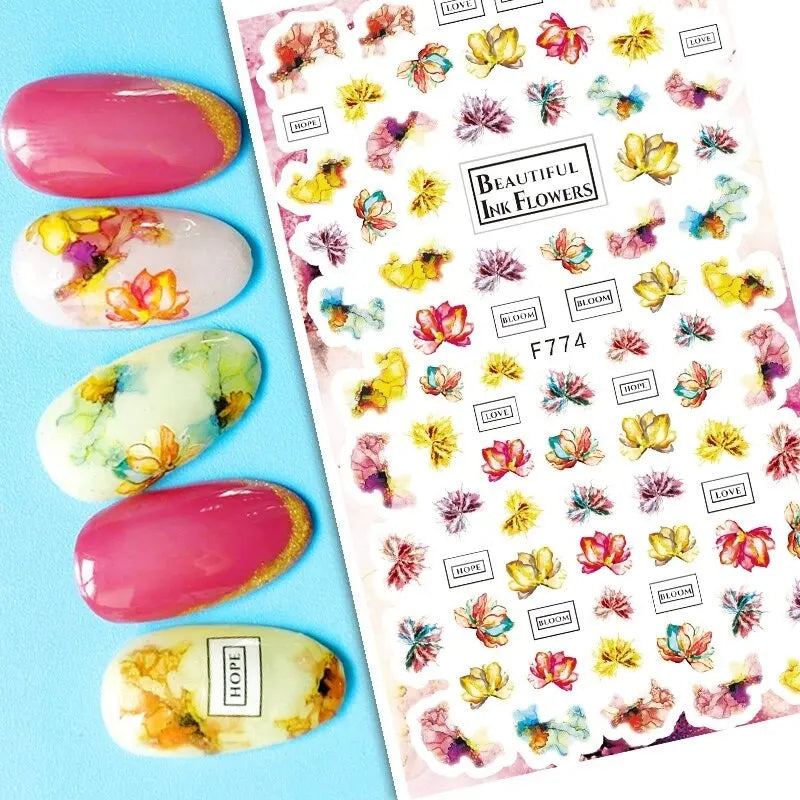 3d Nail Art Decals Grey Dry Florals Watercolor Nuance Flowers Adhesive Sliders Nails Stickers Decorations For Manicures Tips