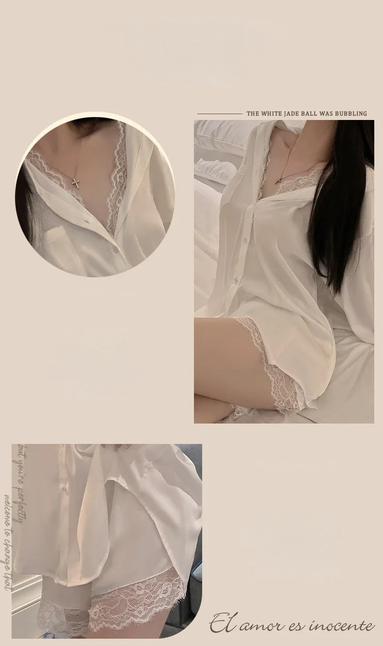 Ladies sexy boyfriend style shirt sexy pure desire lace atmosphere emotional fun pajamas ice silk shirt skirt home service suit