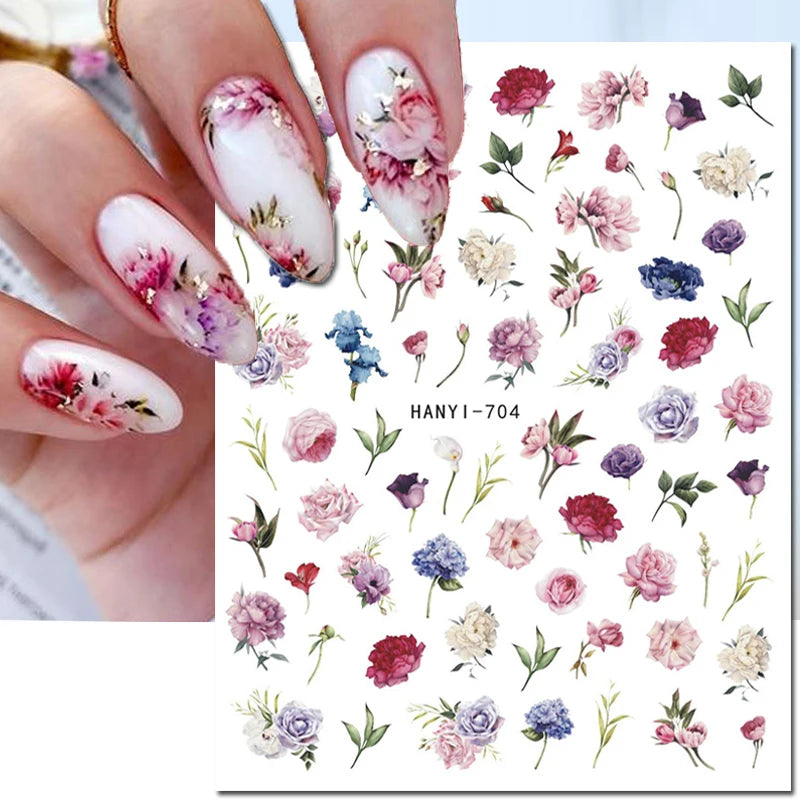 3d Nail Art Decals Grey Dry Florals Watercolor Nuance Flowers Adhesive Sliders Nails Stickers Decorations For Manicures Tips